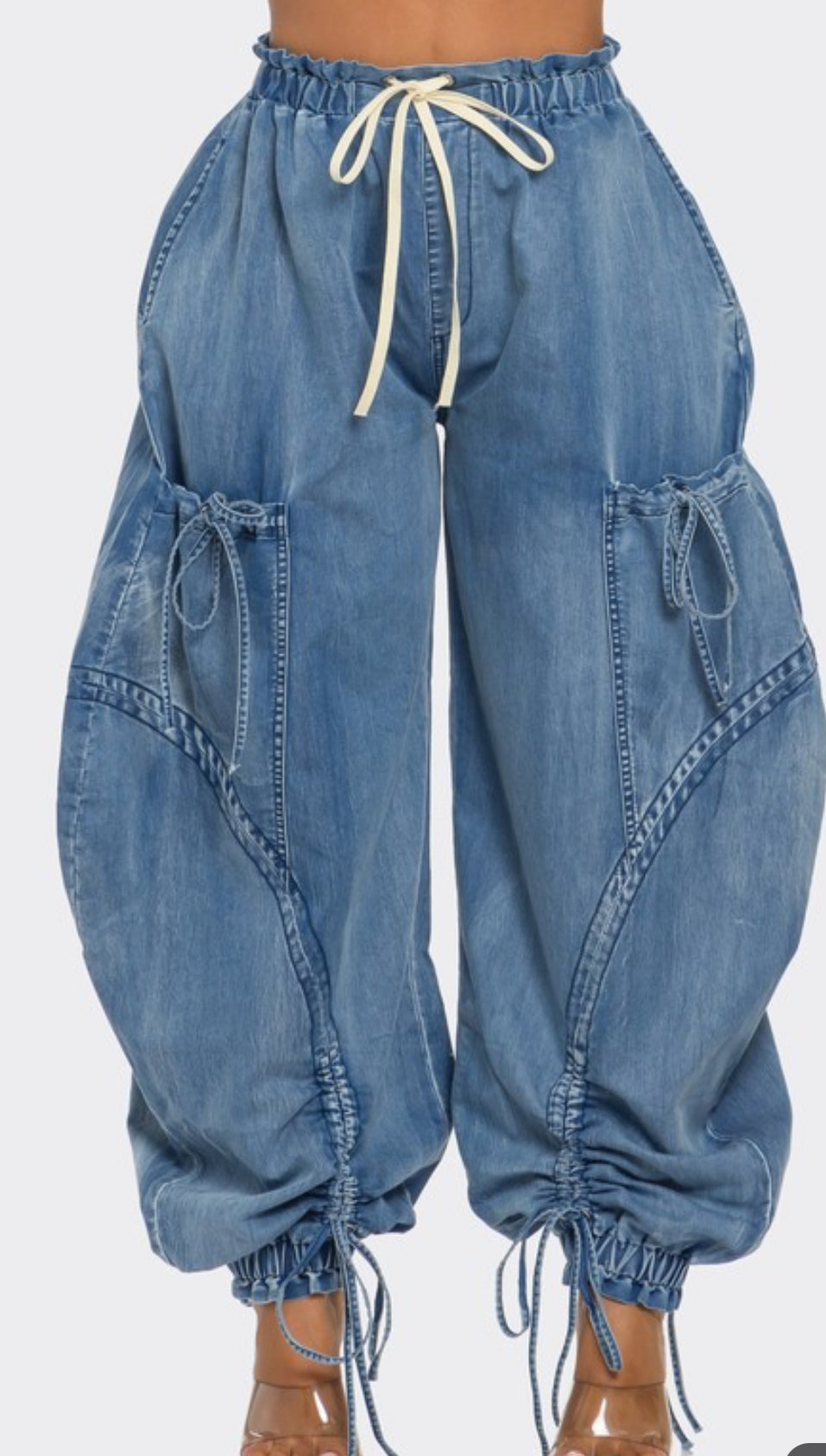 DRAWSTRING DENIM CARGO PANTS