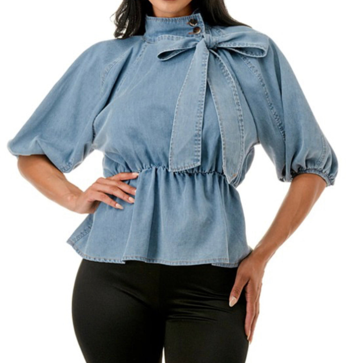 BOW TIE DENIM BLOUSE