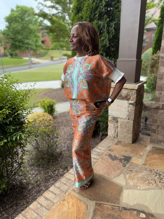 PAISLEY PRINT WIDE LEG PANTS