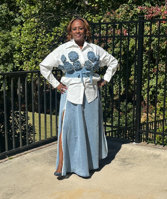 DENIM BLOOM BLOUSE AND ZIPPER SKIRT SET