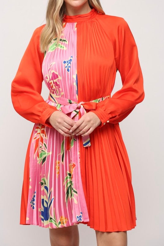 PLEATED ORANGE FLORAL DRESS