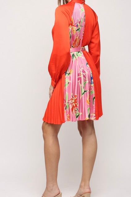 PLEATED ORANGE FLORAL DRESS