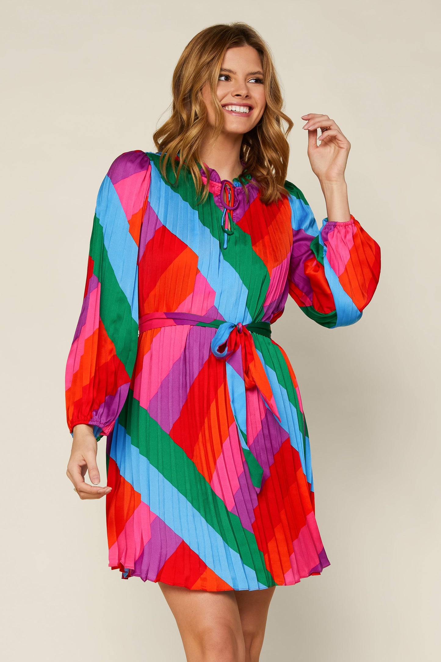 RAINBOW PLEATED WAIST TIE DRESS